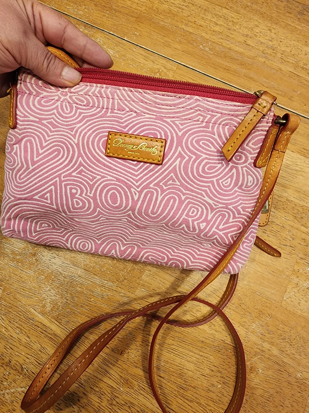 Dooney & Bourke pink doodle swirl canvas mini shoulder bag featuring tan leather
